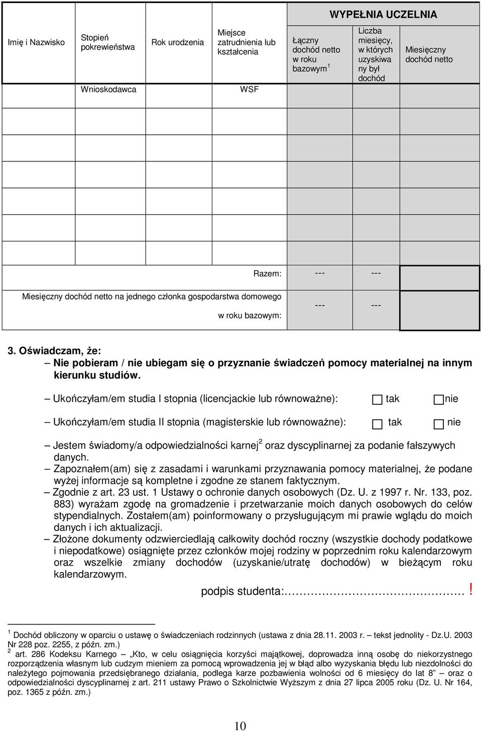 Oświadczam, Ŝe: Nie pobieram / nie ubiegam się o przyznanie świadczeń pomocy materialnej na innym kierunku studiów.