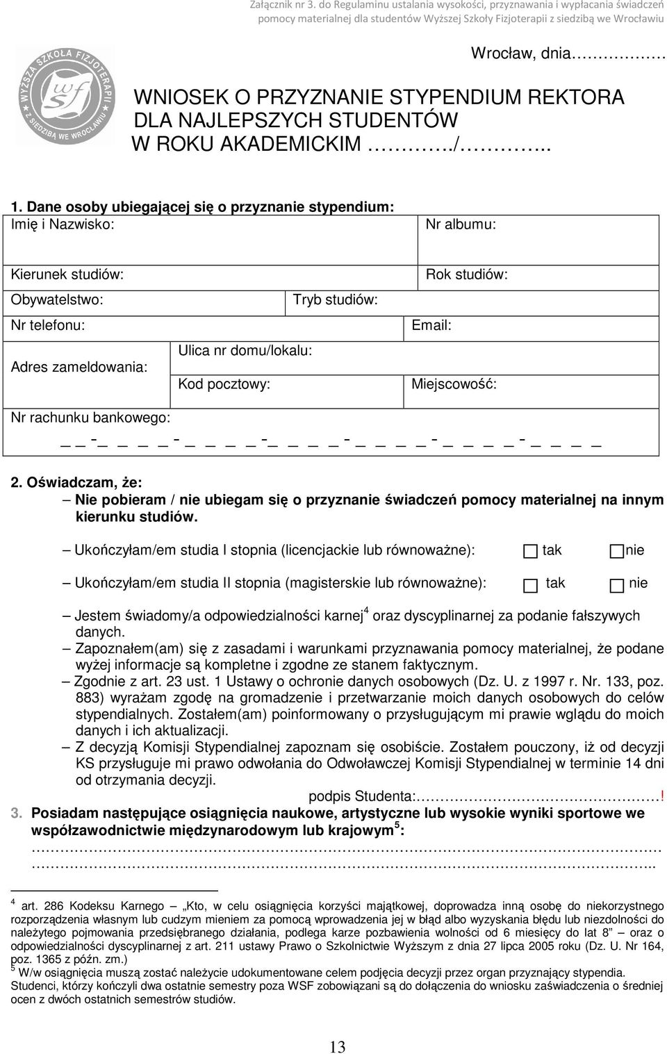 STYPENDIUM REKTORA DLA NAJLEPSZYCH STUDENTÓW W ROKU AKADEMICKIM./.. 1.