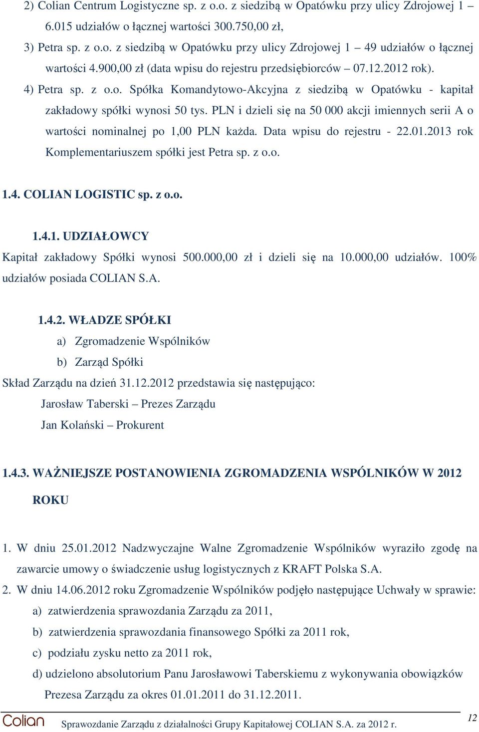 PLN i dzieli się na 50 000 akcji imiennych serii A o wartości nominalnej po 1,00 PLN każda. Data wpisu do rejestru - 22.01.2013 rok Komplementariuszem spółki jest Petra sp. z o.o. 1.4.