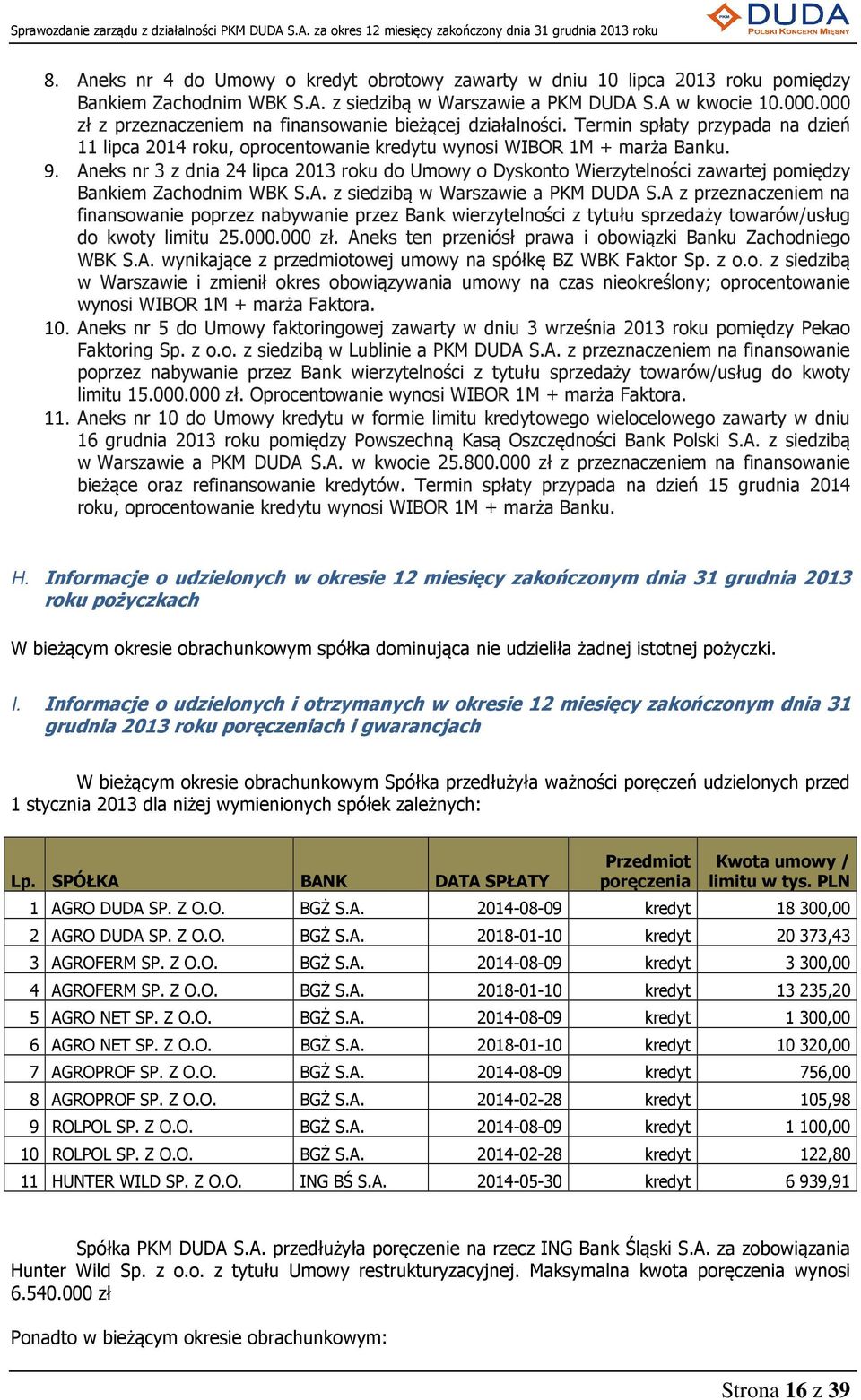 Aneks nr 3 z dnia 24 lipca 2013 roku do Umowy o Dyskonto Wierzytelności zawartej pomiędzy Bankiem Zachodnim WBK S.A. z siedzibą w Warszawie a PKM DUDA S.