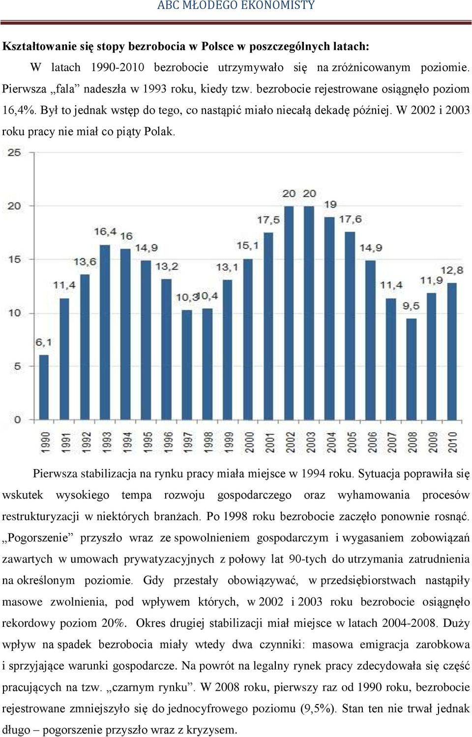 Pierwsza stabilizacja na rynku pracy miała miejsce w 1994 roku. Sytuacja poprawiła się wskutek wysokiego tempa rozwoju gospodarczego oraz wyhamowania procesów restrukturyzacji w niektórych branżach.