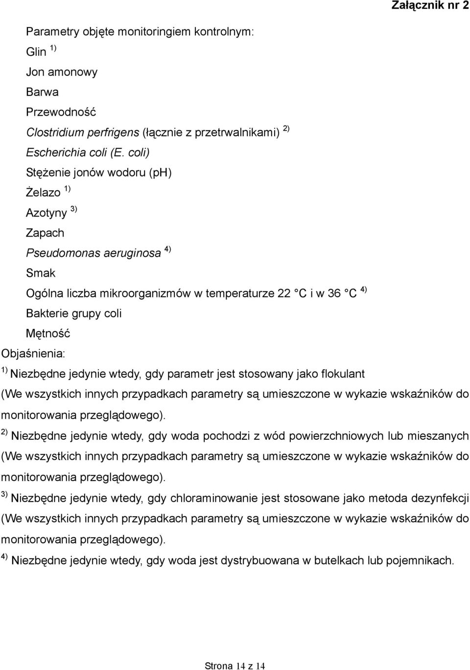 Niezbędne jedynie wtedy, gdy parametr jest stosowany jako flokulant (We wszystkich innych przypadkach parametry są umieszczone w wykazie wskaźników do monitorowania przeglądowego).