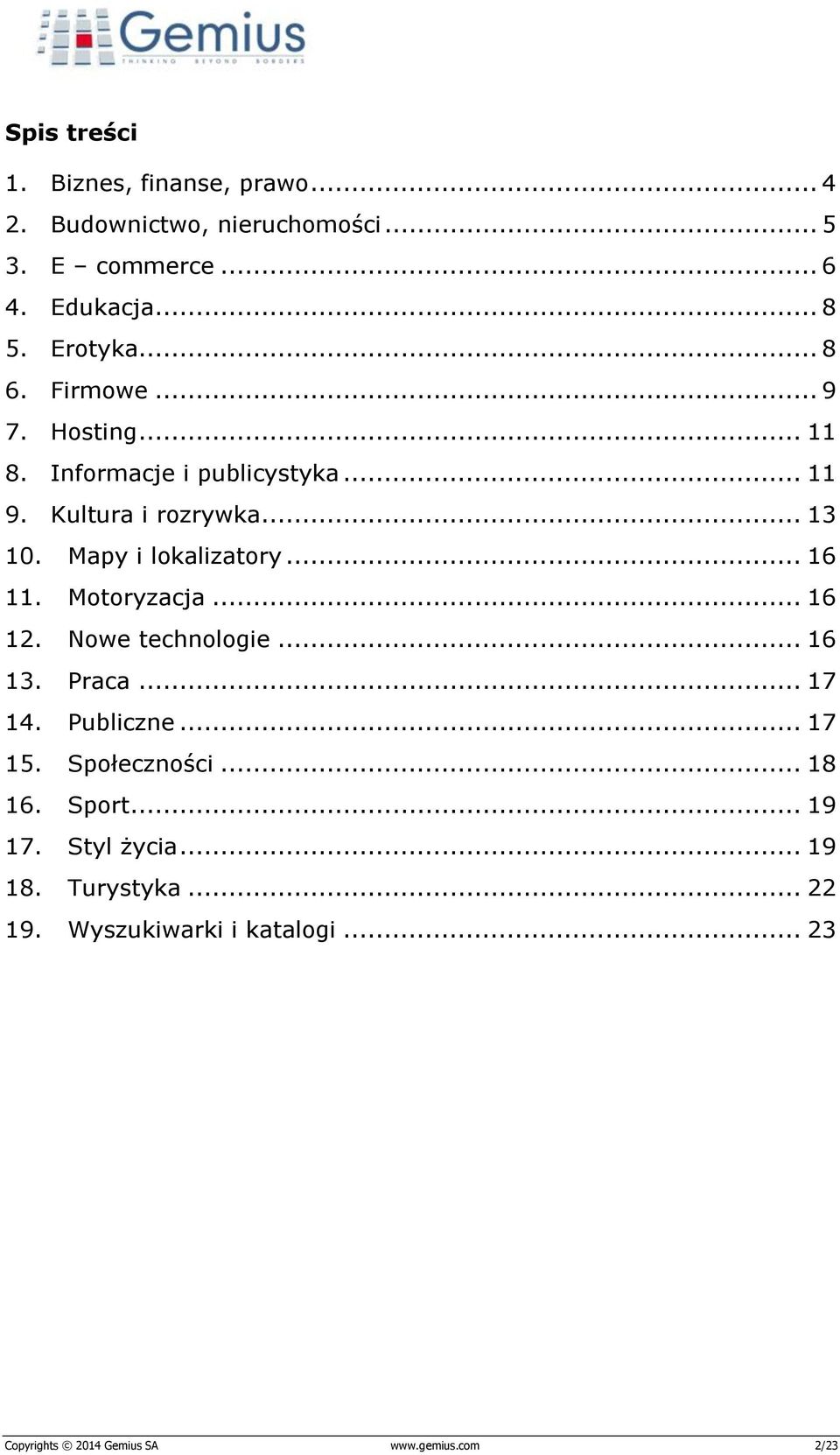 .. 16 11. Motoryzacja... 16 12. Nowe technologie... 16 13. Praca... 17 14. Publiczne... 17 15. Społeczności... 18 16. Sport.