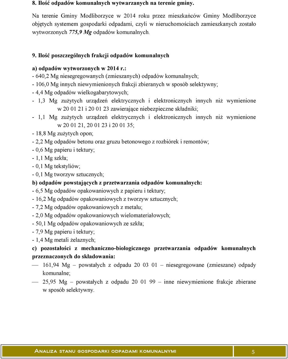 komunalnych. 9. Ilość poszczególnych frakcji odpadów komunalnych a) odpadów wytworzonych w 2014 r.