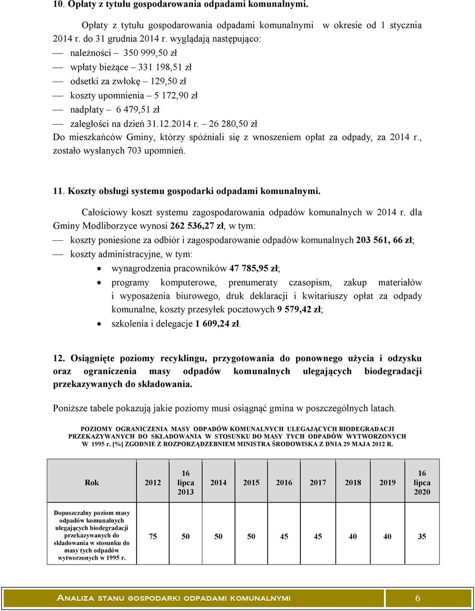 26 280,50 zł Do mieszkańców Gminy, którzy spóźniali się z wnoszeniem opłat za odpady, za 2014 r., zostało wysłanych 703 upomnień. 11. Koszty obsługi systemu gospodarki odpadami komunalnymi.