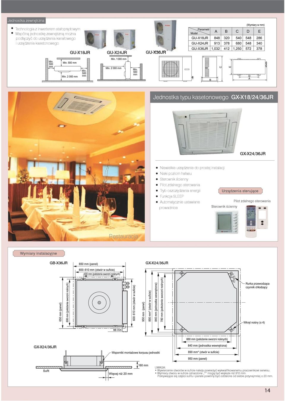 utomatycznie ustawiane prowadnice Urządzenia sterujące Pilot zdalnego sterowania Sterownik ścienny Restauracja Wymiary instalacyjne G-X36JR - GX-X24/36JR - GX-X24/36JR UWG: Wywiercenie otworów w sufi