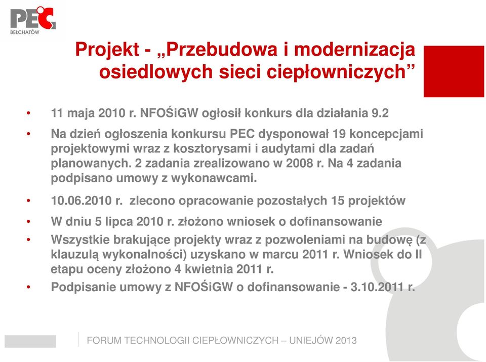 Na 4 zadania podpisano umowy z wykonawcami. 10.06.2010 r. zlecono opracowanie pozostałych 15 projektów W dniu 5 lipca 2010 r.