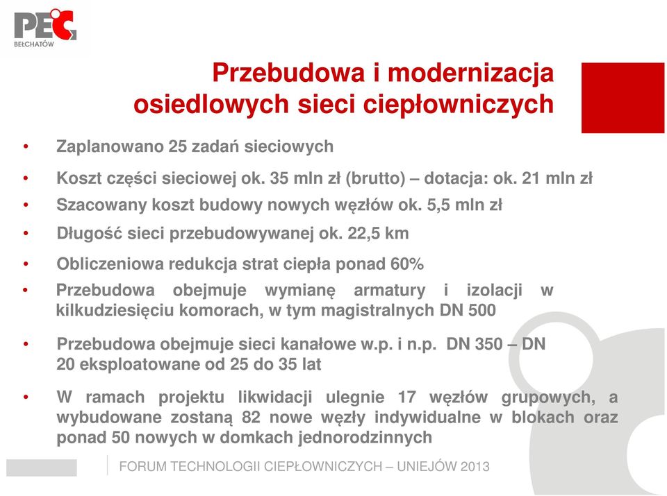 22,5 km Obliczeniowa redukcja strat ciepła ponad 60% Przebudowa obejmuje wymianę armatury i izolacji w kilkudziesięciu komorach, w tym magistralnych DN 500