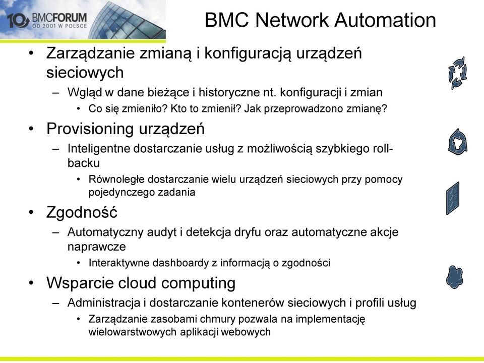 Provisioning urządzeń Inteligentne dostarczanie usług z możliwością szybkiego rollbacku Zgodność Równoległe dostarczanie wielu urządzeń sieciowych przy pomocy