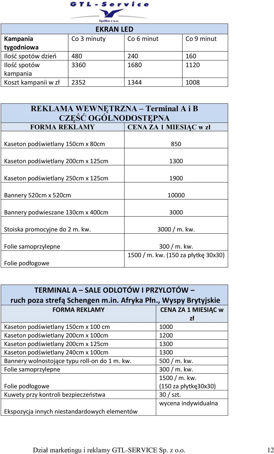 10000 Bannery podwieszane 130cm x 400cm 3000 Stoiska promocyjne do 2 m. kw. Folie samoprzylepne Folie podłogowe 3000 / m. kw. 300 / m. kw. 1500 / m. kw. (150 za płytkę 30x30) TERMINAL A SALE ODLOTÓW I PRZYLOTÓW ruch poza strefą Schengen m.