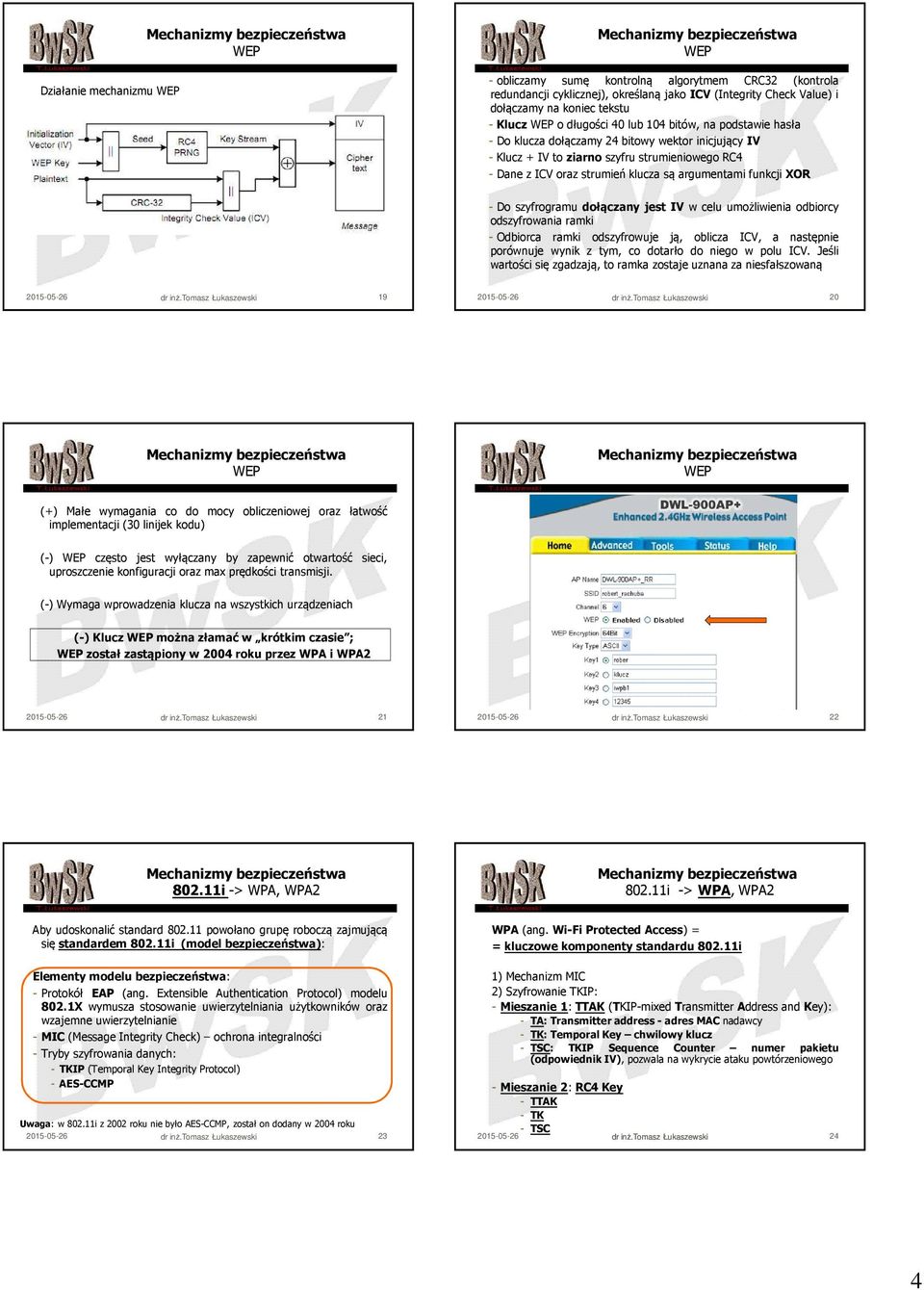 funkcjixor - Do szyfrogramu dołączany jest IV w celu umożliwienia odbiorcy odszyfrowania ramki - Odbiorca ramki odszyfrowuje ją, oblicza ICV, a następnie porównuje wynik z tym, co dotarło do niego w