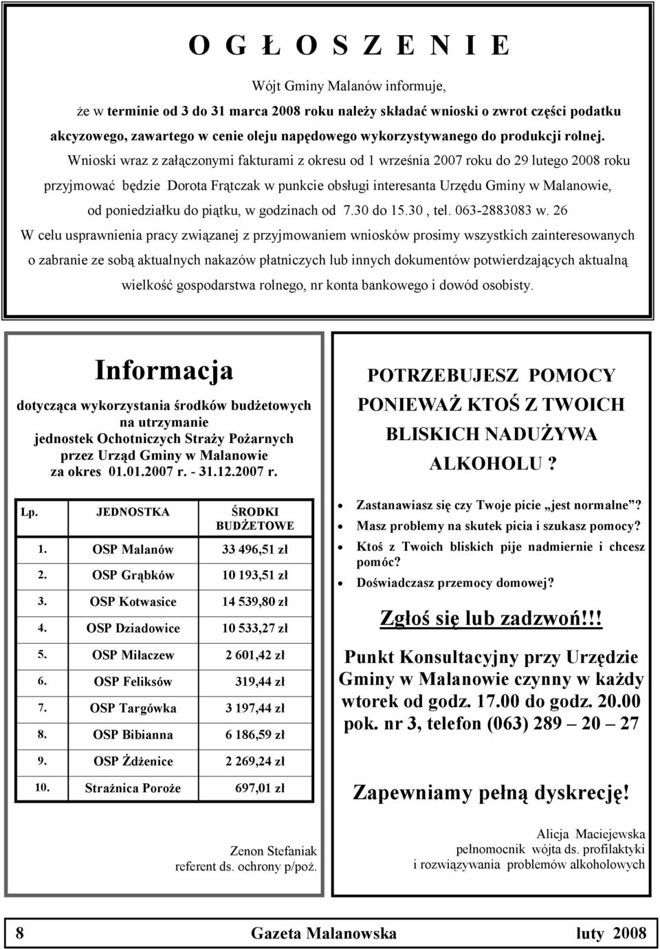 Wnioski wraz z załączonymi fakturami z okresu od 1 września 2007 roku do 29 lutego 2008 roku przyjmować będzie Dorota Frątczak w punkcie obsługi interesanta Urzędu Gminy w Malanowie, od poniedziałku