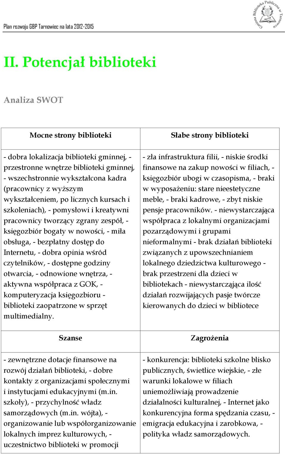 dostęp do Internetu, - dobra opinia wśród czytelników, - dostępne godziny otwarcia, - odnowione wnętrza, - aktywna współpraca z GOK, - komputeryzacja księgozbioru - biblioteki zaopatrzone w sprzęt