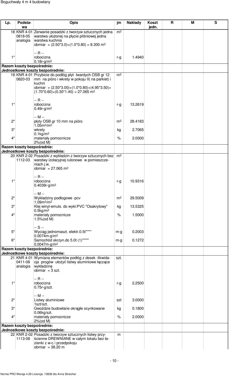 065 0.49r-g/ r-g 13.2619 28.4183 kg 2.7065 2* płyty OSB gr 10 mm na pióro 1.05 / 3* wkrety 0.