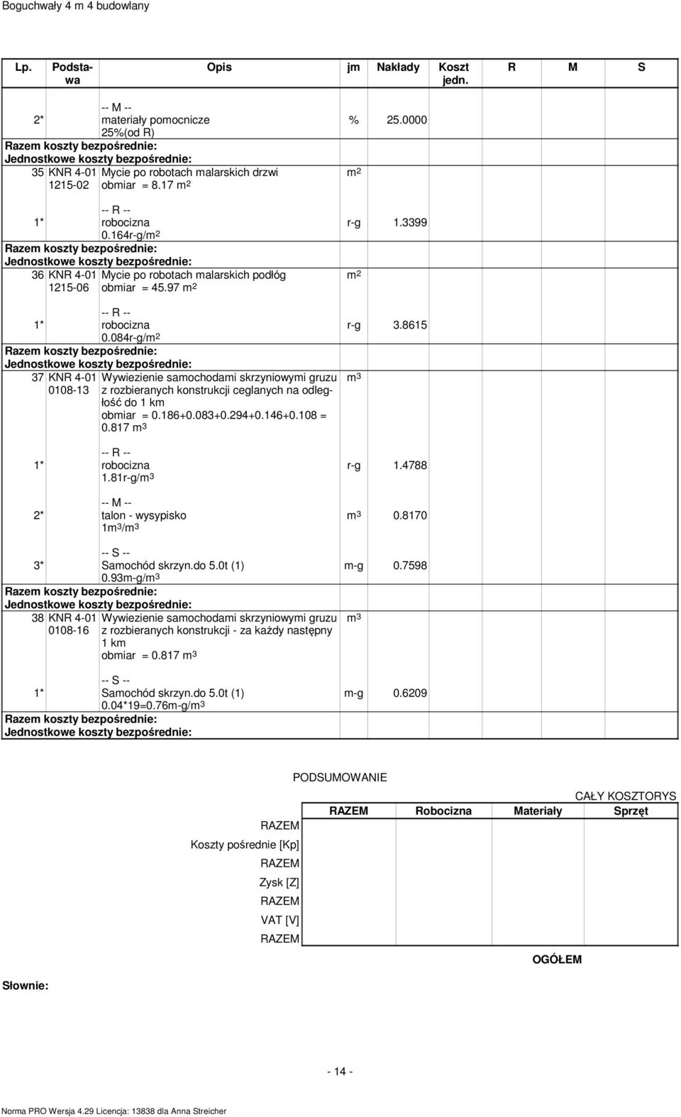 084r-g/ 37 KNR 0108-13 Wywiezienie samochodami skrzyniowymi gruzu z rozbieranych konstrukcji ceglanych na odległość do 1 km obmiar = 0.186+0.083+0.294+0.146+0.108 = 0.817 m 3 1.81r-g/m 3 r-g 1.