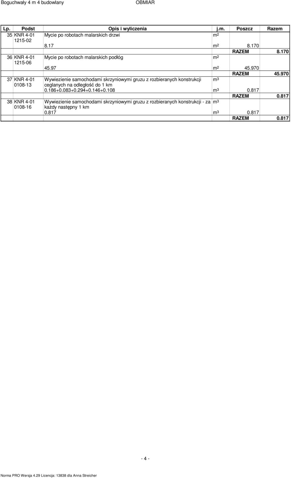 970 37 KNR Wywiezienie samochodami skrzyniowymi gruzu z rozbieranych konstrukcji m 3 0108-13 ceglanych na odległość do 1 km 0.