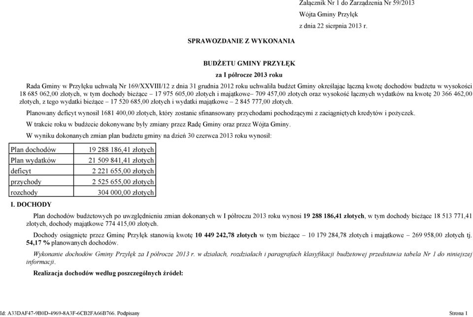 dochodów budżetu w wysokości 18 685 062,00 złotych, w tym dochody bieżące 17 975 605,00 złotych i majątkowe 709 457,00 złotych oraz wysokość łącznych wydatków na kwotę 20 366 462,00 złotych, z tego