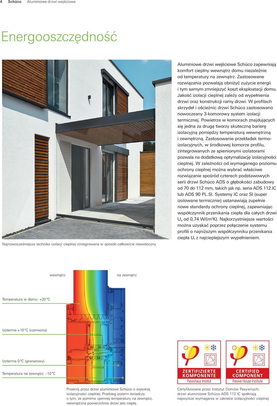 Jakość izolacji cieplnej zależy od wypełnienia drzwi oraz konstrukcji ramy drzwi. W profilach skrzydeł i ościeżnic drzwi Schüco zastosowano nowo czesny 3-komorowy system izolacji termicznej.