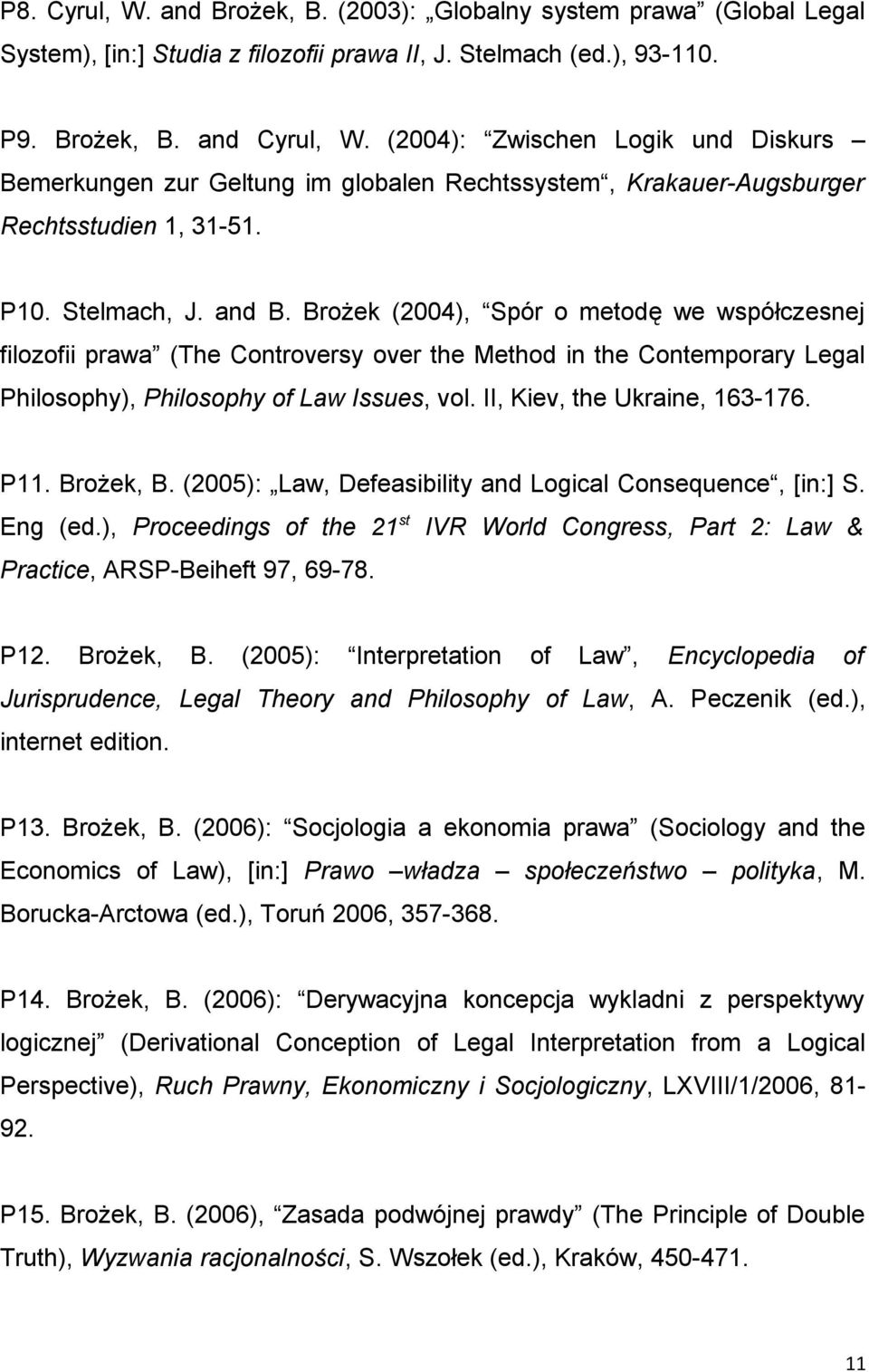 Brożek (2004), Spór o metodę we współczesnej filozofii prawa (The Controversy over the Method in the Contemporary Legal Philosophy), Philosophy of Law Issues, vol. II, Kiev, the Ukraine, 163-176. P11.