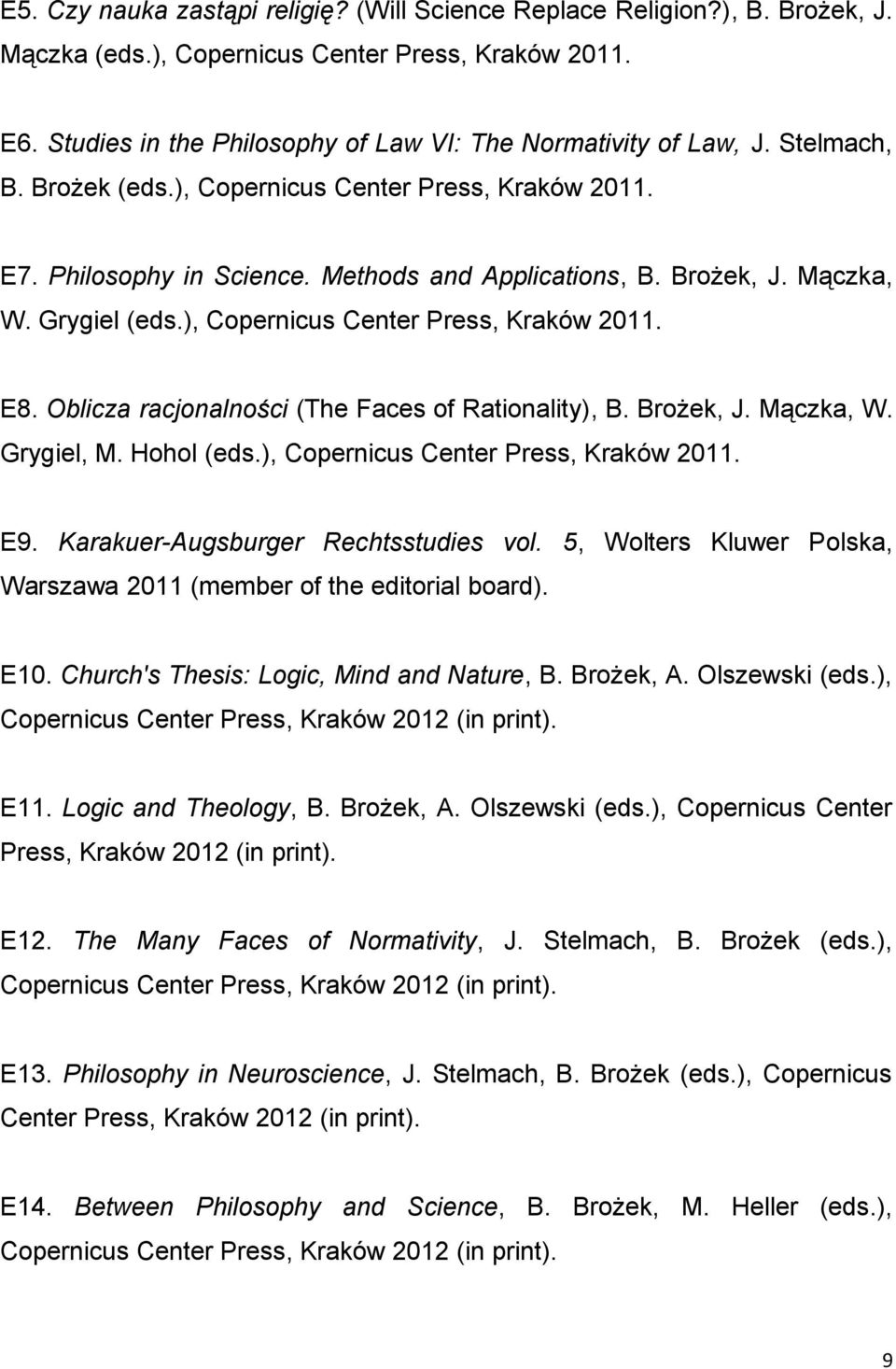 Oblicza racjonalności (The Faces of Rationality), B. Brożek, J. Mączka, W. Grygiel, M. Hohol (eds.), Copernicus Center Press, Kraków 2011. E9. Karakuer-Augsburger Rechtsstudies vol.