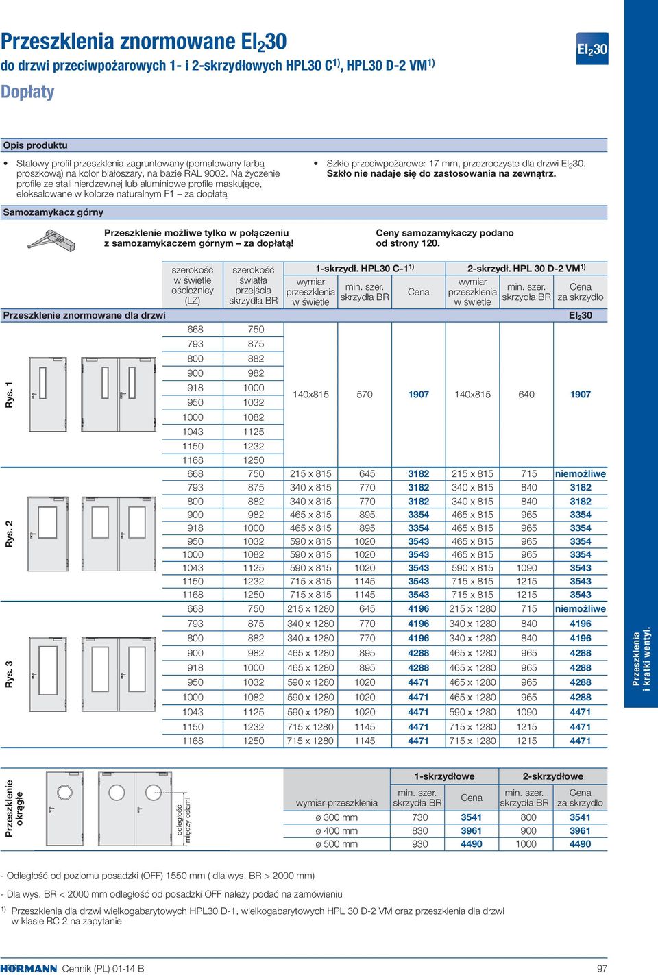 Na życzenie profile ze stali nierdzewnej lub aluminiowe profile maskujące, eloksalowane w kolorze naturalnym F1 za dopłatą Szkło przeciwpożarowe: 17 mm, przezroczyste dla drzwi EI 2 30.