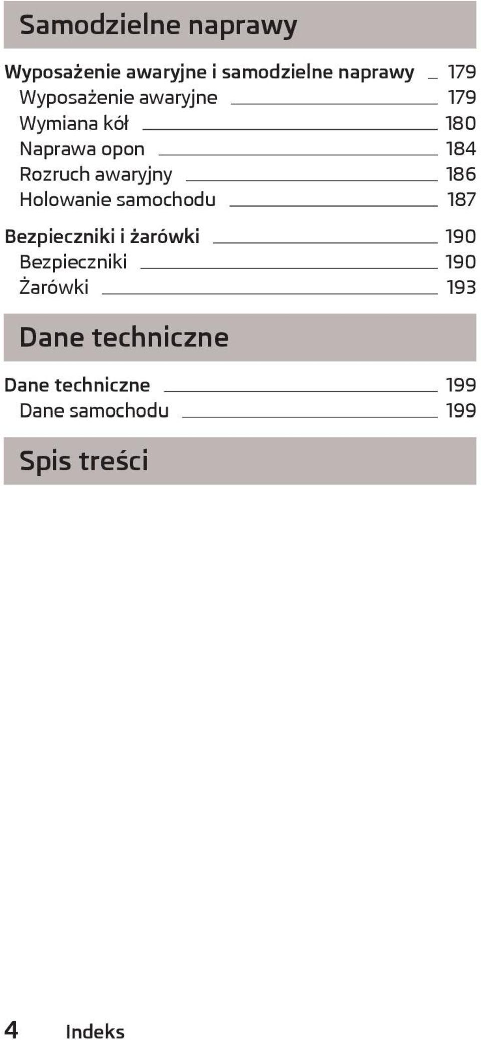 186 Holowanie samochodu 187 Bezpieczniki i żarówki 190 Bezpieczniki 190