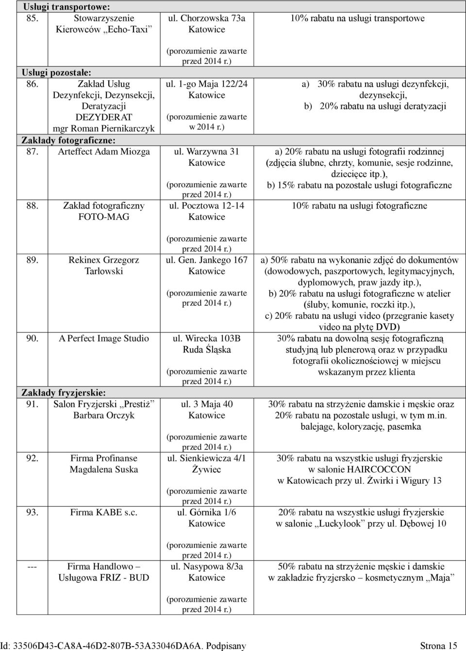 Zakład fotograficzny FOTO-MAG 89. Rekinex Grzegorz Tarłowski ul. Pocztowa 12-14 ul. Gen. Jankego 167 90. A Perfect Image Studio ul. Wirecka 103B Ruda Śląska Zakłady fryzjerskie: 91.