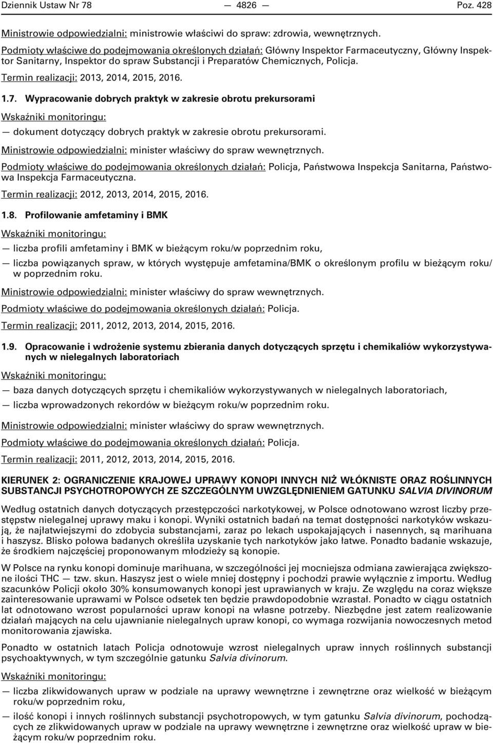 Termin realizacji: 2013, 2014, 2015, 2016. 1.7. Wypracowanie dobrych praktyk w zakresie obrotu prekursorami dokument dotyczący dobrych praktyk w zakresie obrotu prekursorami.