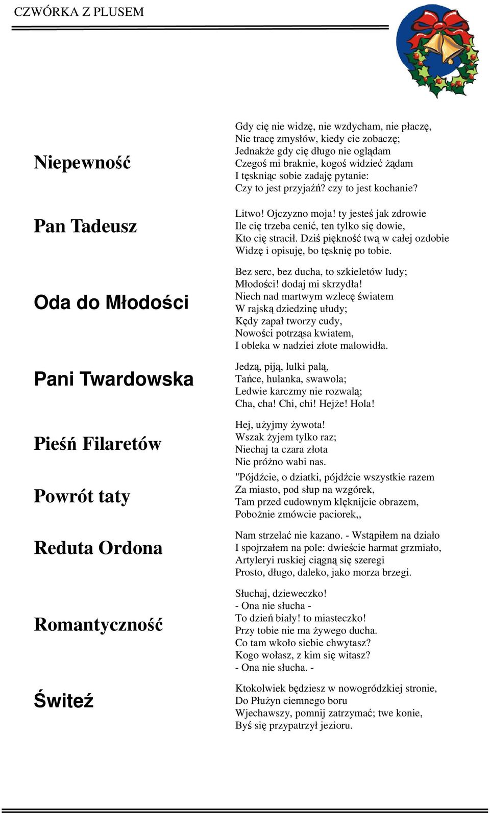 ty jesteś jak zdrowie Ile cię trzeba cenić, ten tylko się dowie, Kto cię stracił. Dziś piękność twą w całej ozdobie Widzę i opisuję, bo tęsknię po tobie.