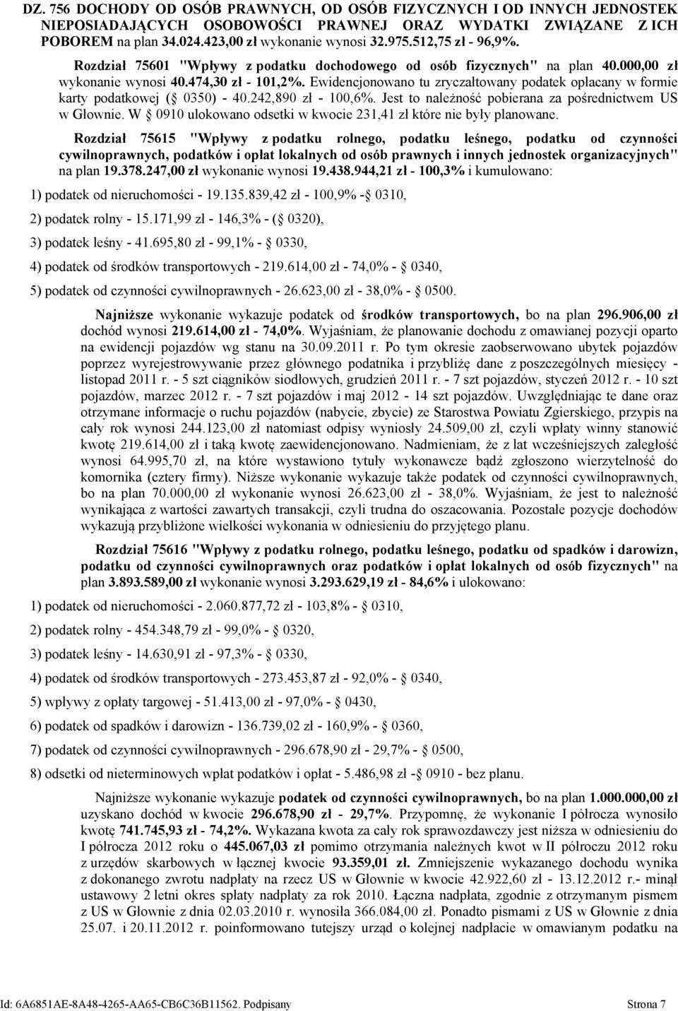 Ewidencjonowano tu zryczałtowany podatek opłacany w formie karty podatkowej ( 0350) - 40.242,890 zł - 100,6%. Jest to należność pobierana za pośrednictwem US w Głownie.