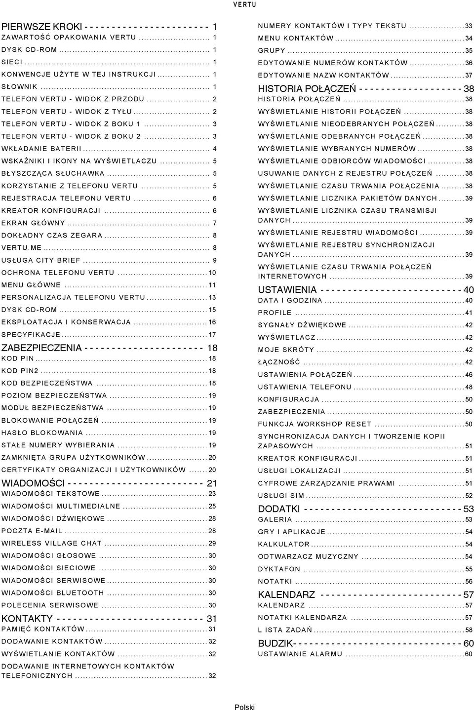 .. 4 WSKAŹNIKI I IKONY NA WYŚWIETLACZU... 5 B ŁYSZCZĄ CA SŁ UCHAWKA... 5 KORZYSTANIE Z TELEFONU VERTU... 5 REJESTRACJA TELEFONU VERTU... 6 KREATOR KONFIGURACJI... 6 EKRAN GŁ ÓWNY.