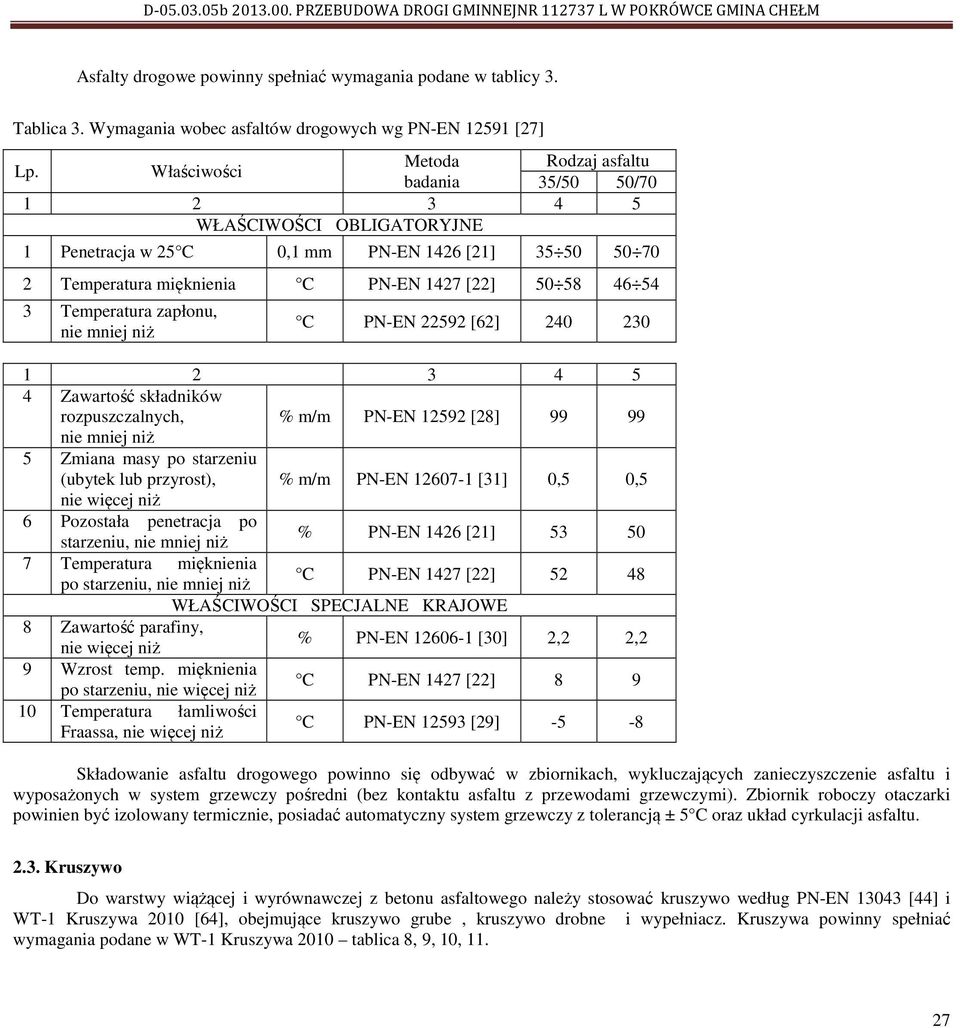 Właściwości badania 35/50 50/70 1 2 3 4 5 WŁAŚCIWOŚCI OBLIGATORYJNE 1 Penetracja w 25 C 0,1 mm PN-EN 1426 [21] 35 50 50 70 2 Temperatura mięknienia C PN-EN 1427 [22] 50 58 46 54 3 Temperatura