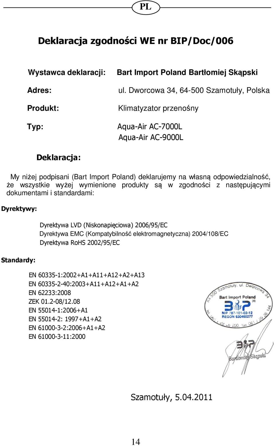 wszystkie wyżej wymienione produkty są w zgodności z następującymi dokumentami i standardami: Dyrektywy: Dyrektywa LVD (Niskonapięciowa) 2006/95/EC Dyrektywa EMC (Kompatybilność