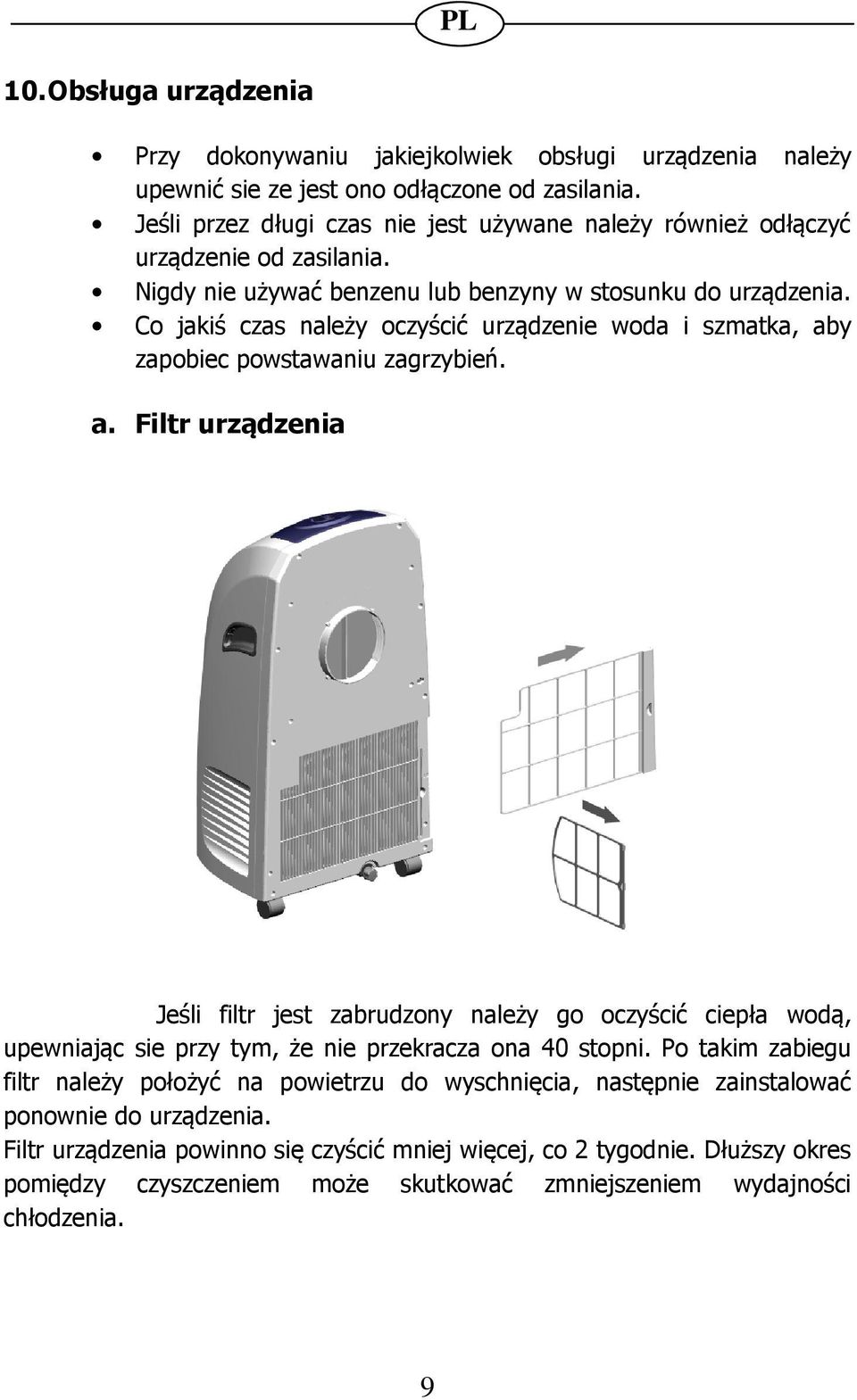 Co jakiś czas należy oczyścić urządzenie woda i szmatka, aby zapobiec powstawaniu zagrzybień. a. Filtr urządzenia Jeśli filtr jest zabrudzony należy go oczyścić ciepła wodą, upewniając sie przy tym, że nie przekracza ona 40 stopni.