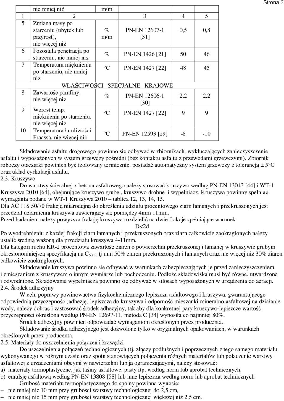 mięknienia po starzeniu, nie więcej niż 10 Temperatura łamliwości Fraassa, nie więcej niż WŁAŚCIWOŚCI SPECJALNE KRAJOWE % PN-EN 12606-1 [30] 2,2 2,2 C PN-EN 1427 [22] 9 9 C PN-EN 12593 [29] -8-10