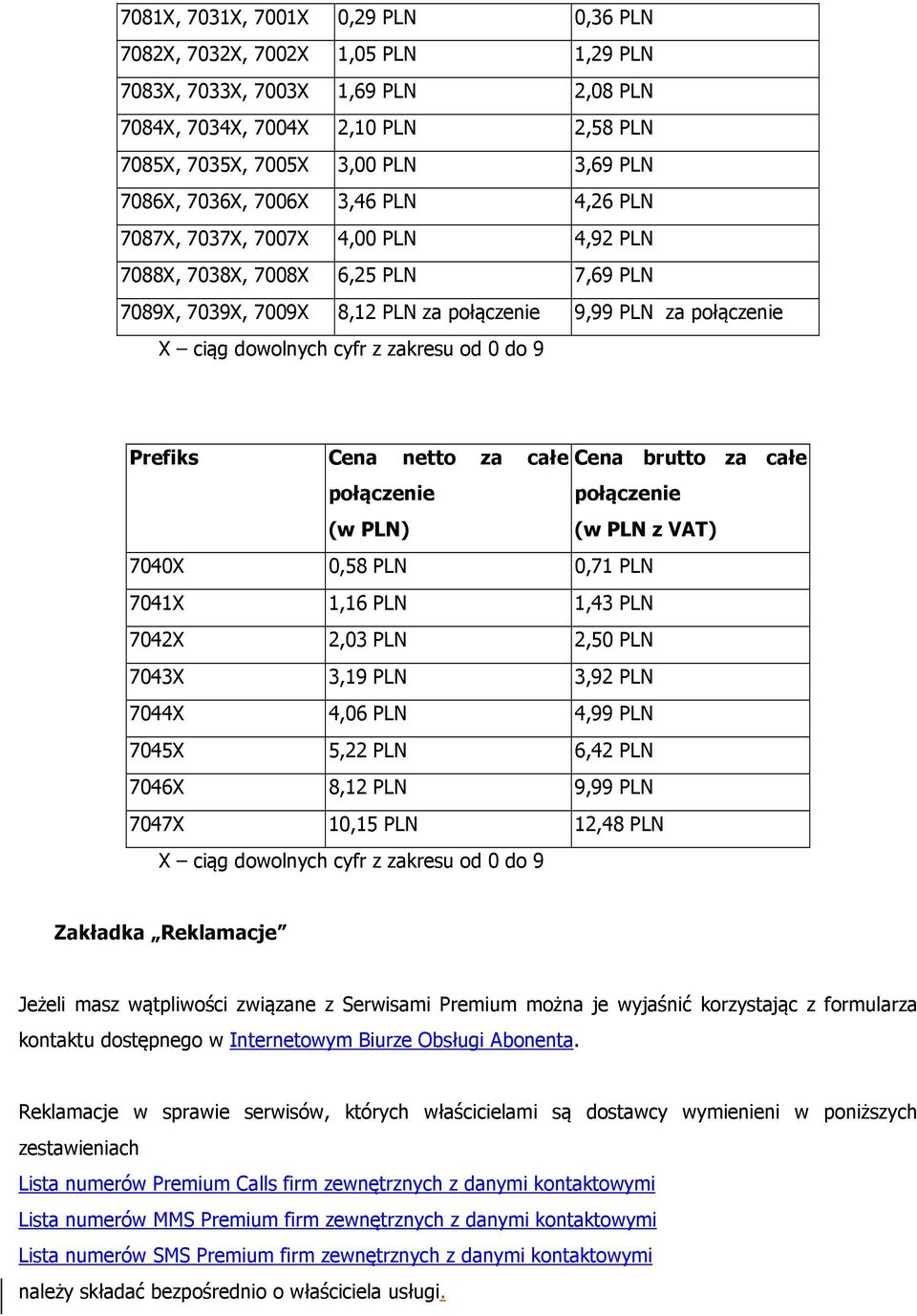 zakresu od 0 do 9 Prefiks Cena netto za całe Cena brutto za całe połączenie połączenie 7040X 0,58 PLN 0,71 PLN 7041X 1,16 PLN 1,43 PLN 7042X 2,03 PLN 2,50 PLN 7043X 3,19 PLN 3,92 PLN 7044X 4,06 PLN