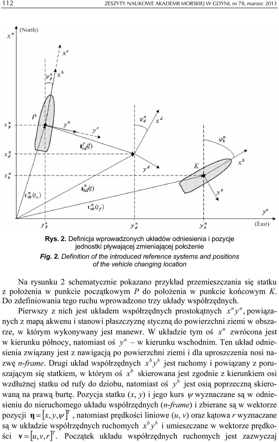 Definicja wprowadzonych uładów odniesienia i pozycje jednosti pływającej zmieniającej położenie Fig. 2.