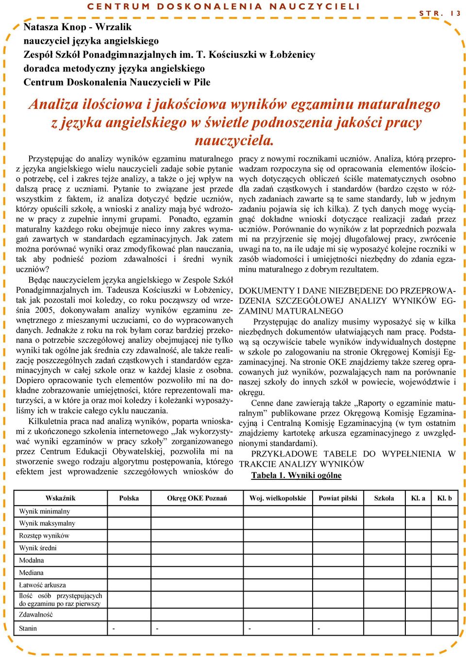 Przystępując do analizy wyników egzaminu maturalnego z języka angielskiego wielu nauczycieli zadaje sobie pytanie o potrzebę, cel i zakres tejże analizy, a także o jej wpływ na dalszą pracę z