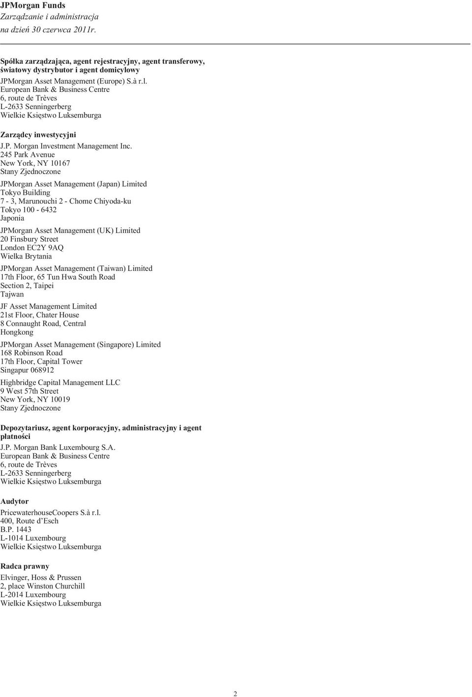 245 Park Avenue New York, NY 10167 Stany Zjednoczone JPMorgan Asset Management (Japan) Limited Tokyo Building 7-3, Marunouchi 2 - Chome Chiyoda-ku Tokyo 100-6432 Japonia JPMorgan Asset Management