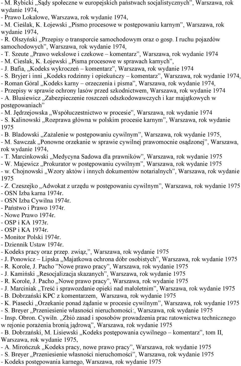 I ruchu pojazdów samochodowych, Warszawa, rok wydanie 1974, - T. Szeute Prawo wekslowe i czekowe komentarz, Warszawa, rok wydanie 1974 - M. Cieslak, K.