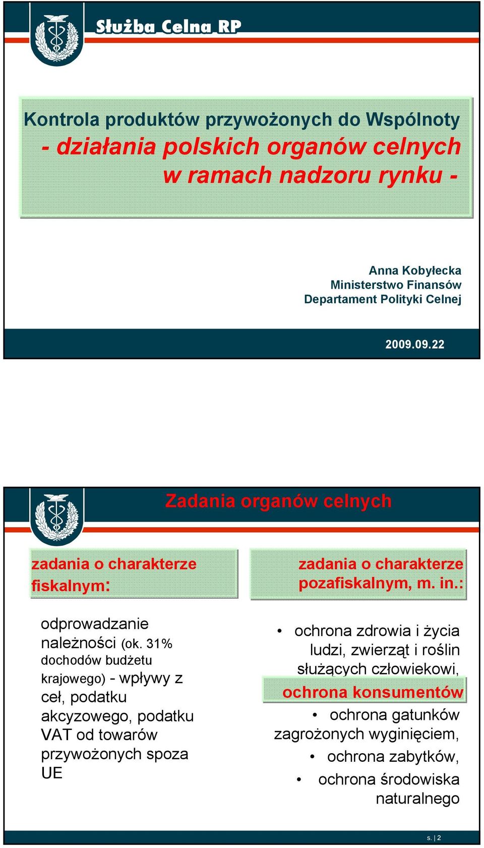 31% dochodów budżetu krajowego) - wpływy z ceł, podatku akcyzowego, podatku VAT od towarów przywożonych spoza UE zadania o charakterze pozafiskalnym, m. in.