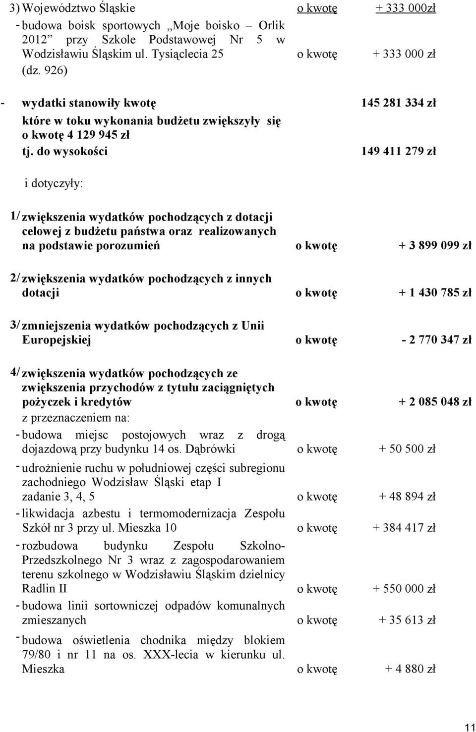 do wysokości 145 281 334 zł 149 411 279 zł i dotyczyły: 1/ zwiększenia wydatków pochodzących z dotacji celowej z budżetu państwa oraz realizowanych na podstawie porozumień 2/ zwiększenia wydatków