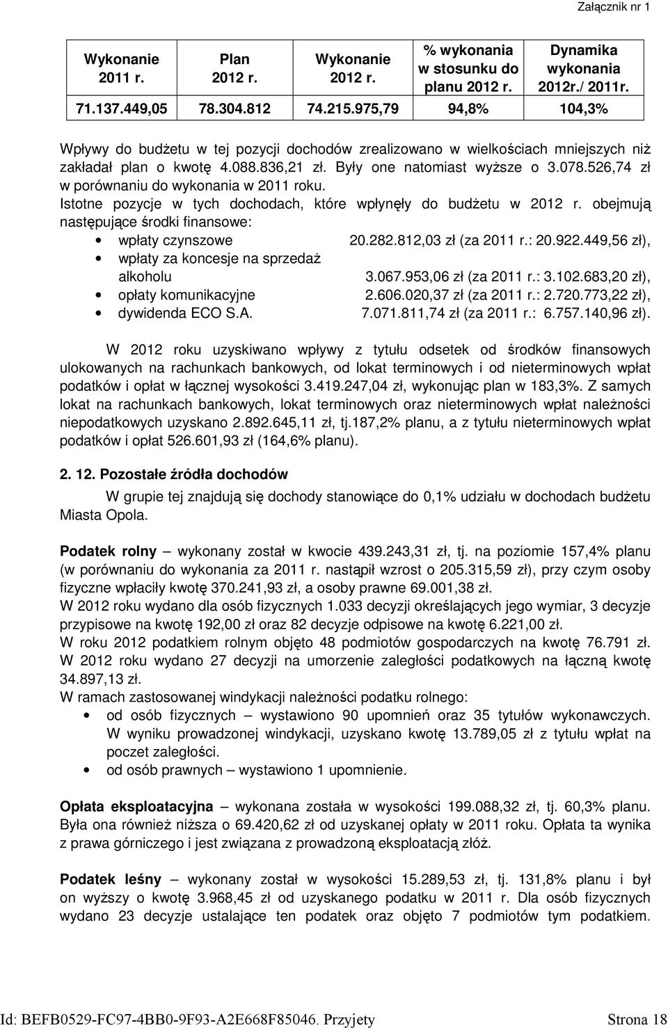 526,74 zł w porównaniu do wykonania w 2011 roku. Istotne pozycje w tych dochodach, które wpłynęły do budŝetu w 2012 r. obejmują następujące środki finansowe: wpłaty czynszowe 20.282.