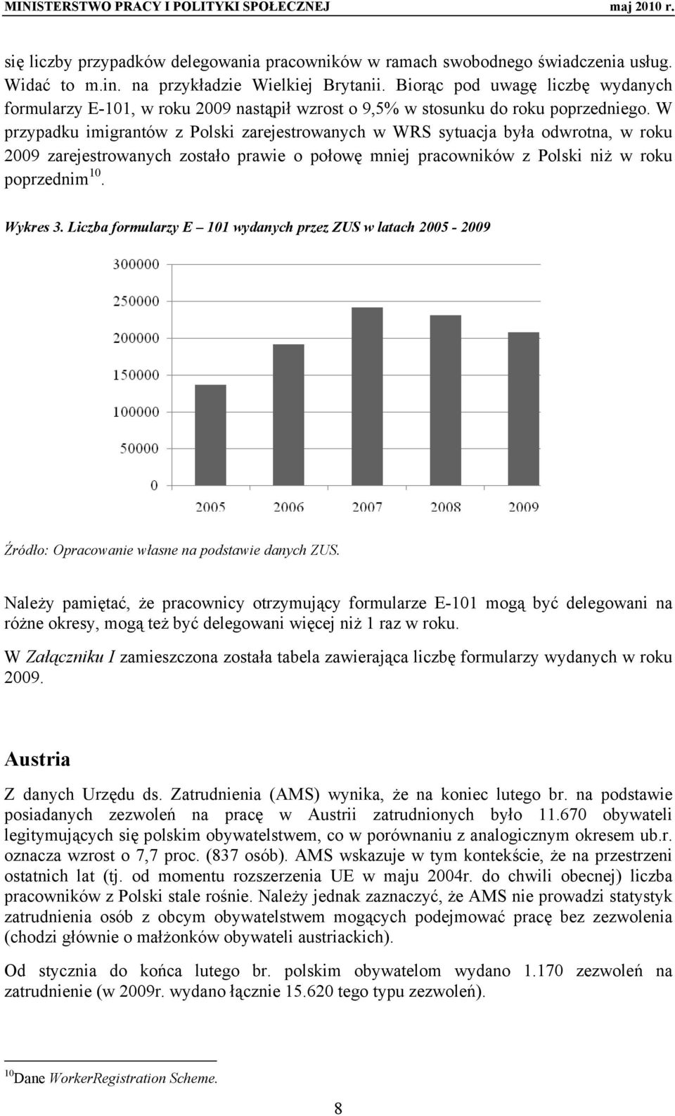 W przypadku imigrantów z Polski zarejestrowanych w WRS sytuacja była odwrotna, w roku 2009 zarejestrowanych zostało prawie o połowę mniej pracowników z Polski niż w roku poprzednim 10. Wykres 3.