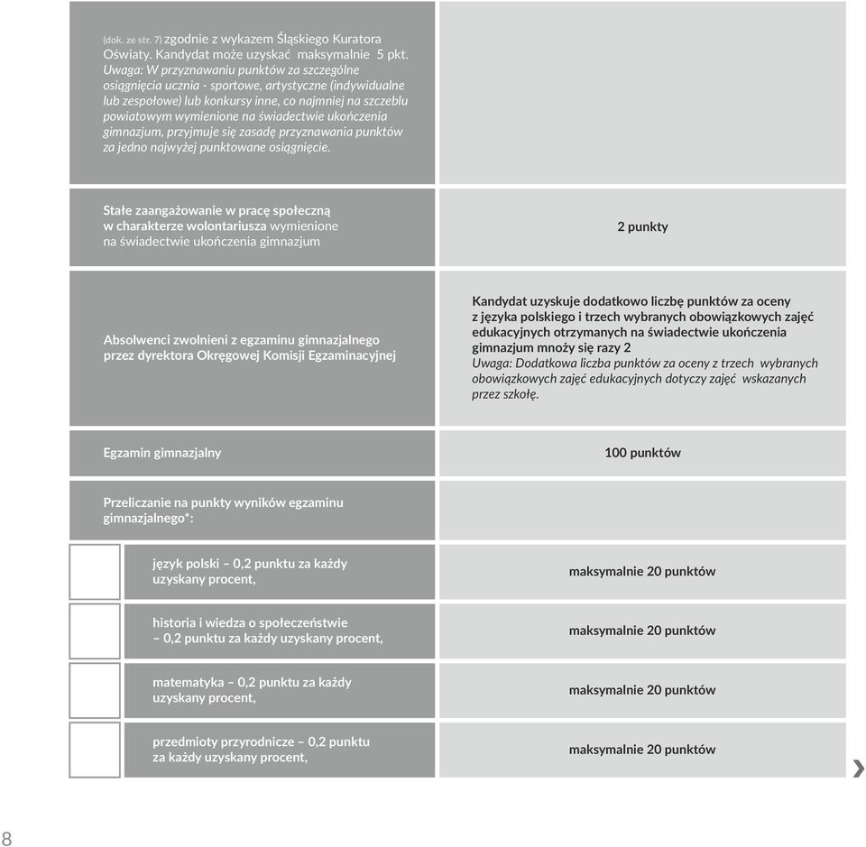 ukończenia gimnazjum, przyjmuje się zasadę przyznawania punktów za jedno najwyżej punktowane osiągnięcie.