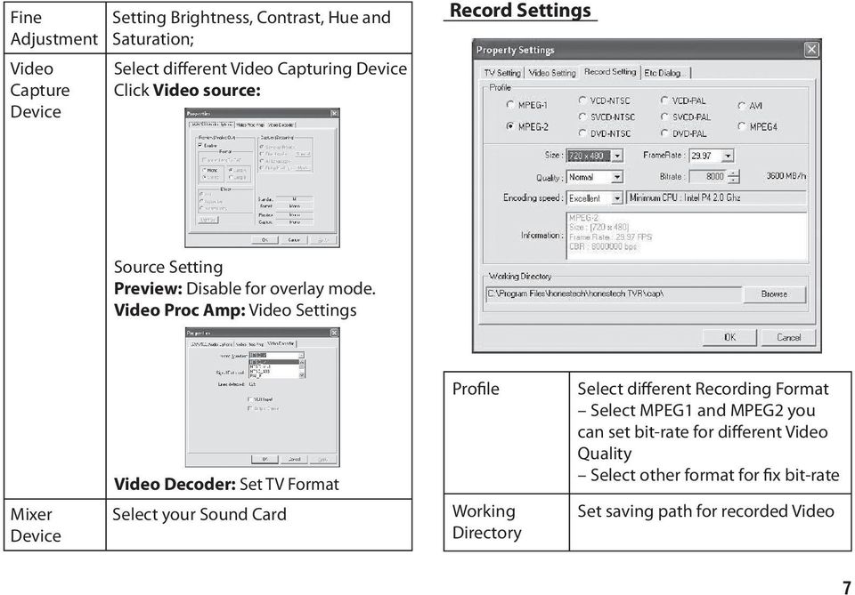 Video Proc Amp: Video Settings Mixer Device Video Decoder: Set TV Format Select your Sound Card Profile Working Directory Select