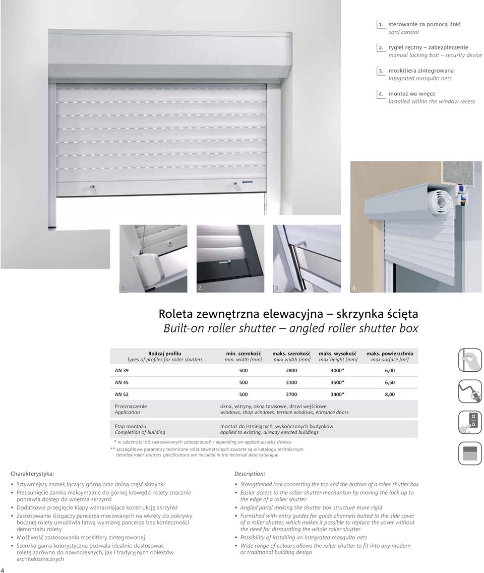 Roleta zewnętrzna elewacyjna skrzynka ścięta Built-on roller shutter angled roller shutter box Rodzaj profilu Types of profiles for roller shutters min. szerokość min. width [mm] maks.