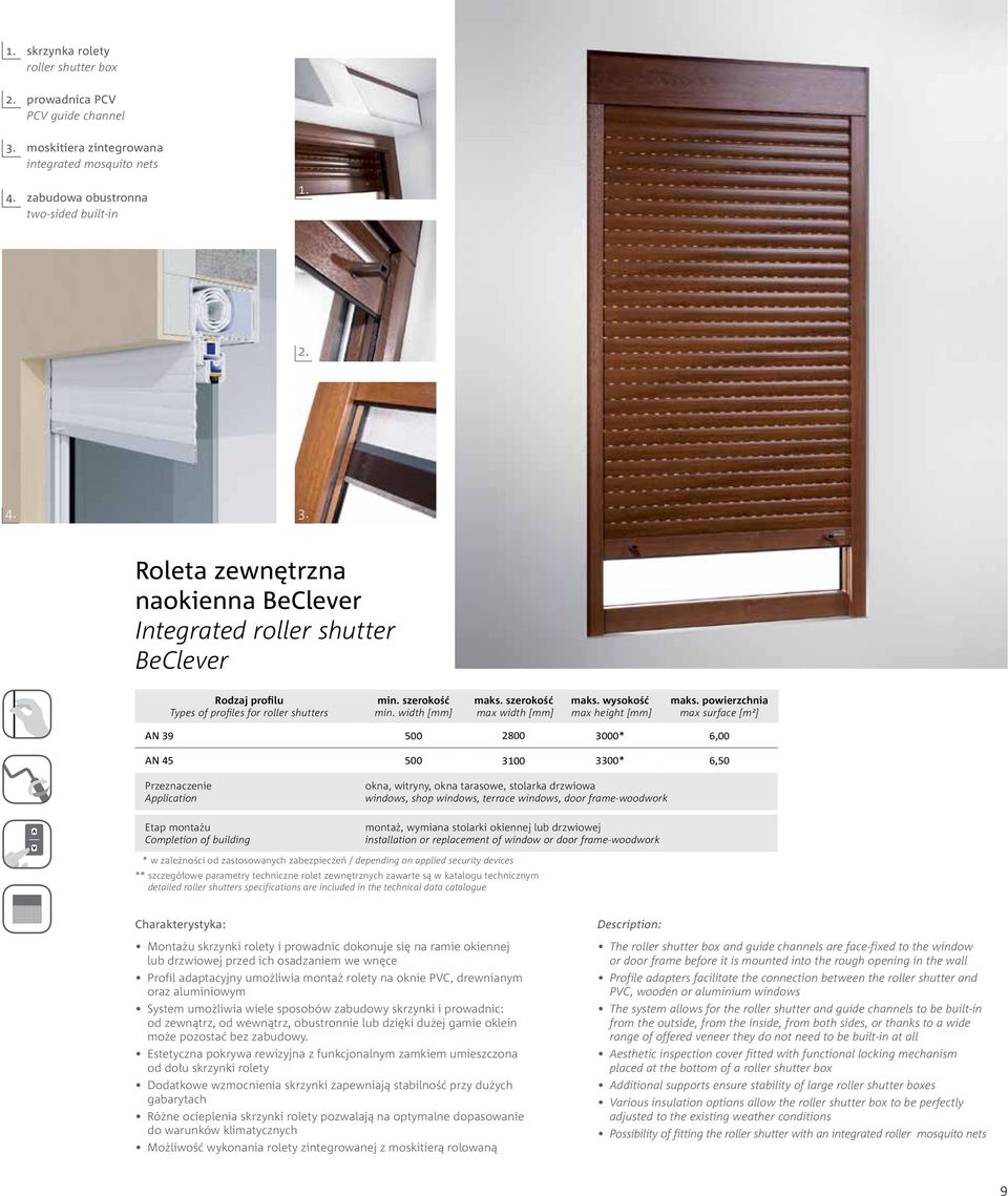 Roleta zewnętrzna naokienna BeClever Integrated roller shutter BeClever Rodzaj profilu Types of profiles for roller shutters min. szerokość min. width [mm] maks. szerokość max width [mm] maks.