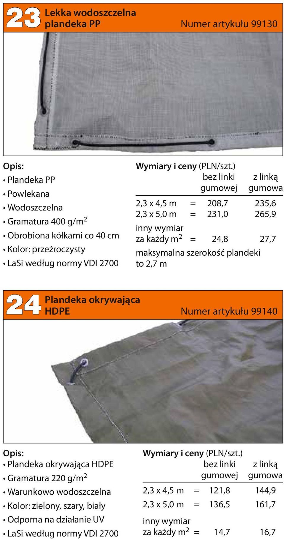 plandeki to 2,7 m Plandeka okrywająca 24 HDPE Numer artykułu 99140 Plandeka okrywająca HDPE Gramatura 220 g/m 2 Warunkowo wodoszczelna Kolor: