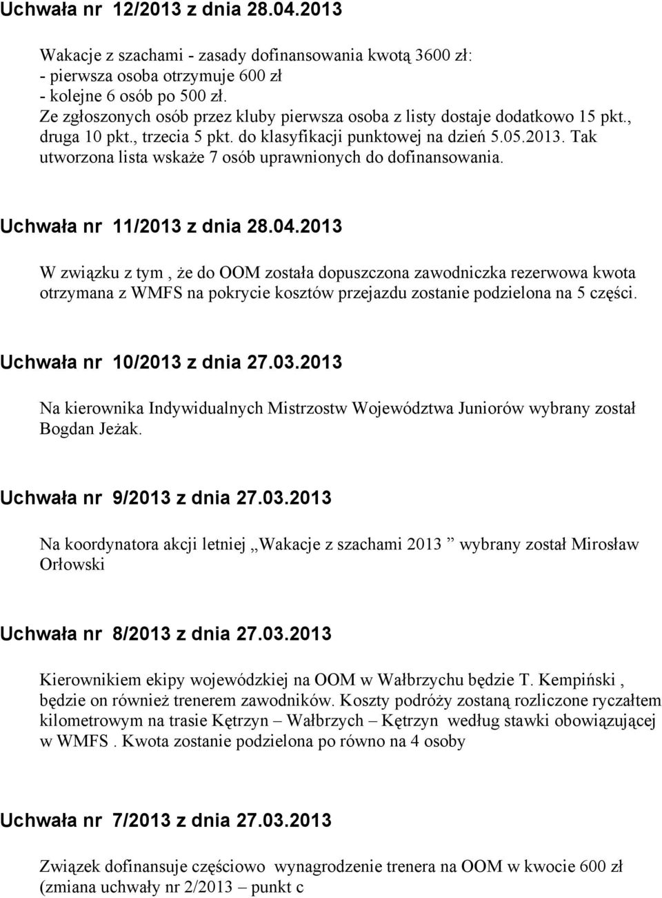 Tak utworzona lista wskaże 7 osób uprawnionych do dofinansowania. Uchwała nr 11/2013 z dnia 28.04.